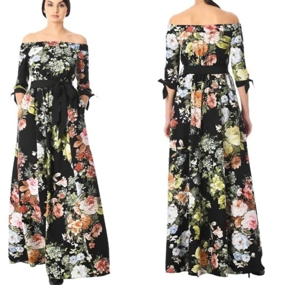 eShakti Off-The-Shoulder Floral Print Crepe Maxi Dress 4X